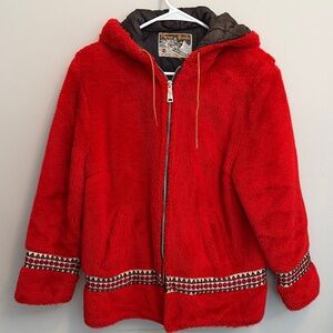 Vintage Alpine Guide Red Plush Ski Coat  Jacket with Black Trim. Size Medium